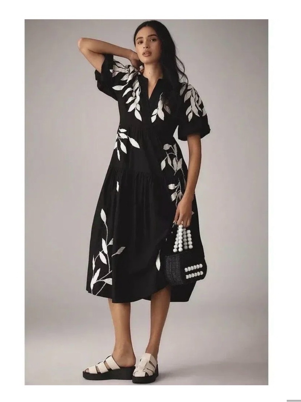 Anthropologie Black Midi Dress with White Leaf Embroidery